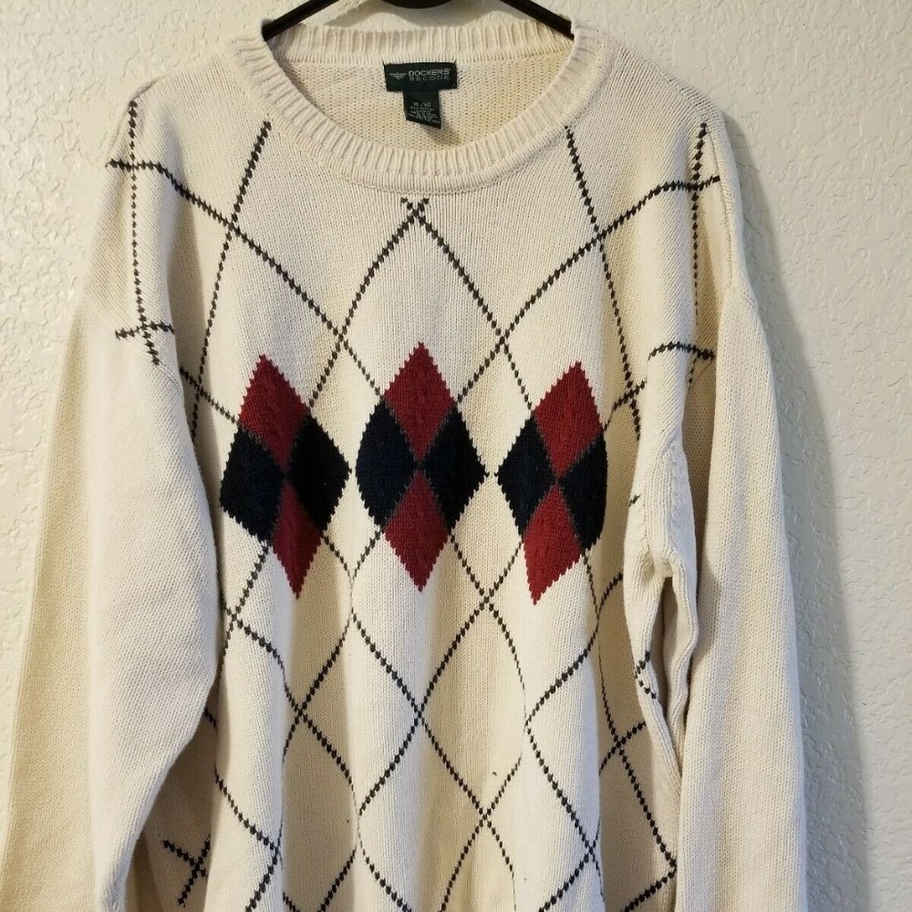 DOCKERS Beige Crew Neck SWEATER w Argyle Pattern